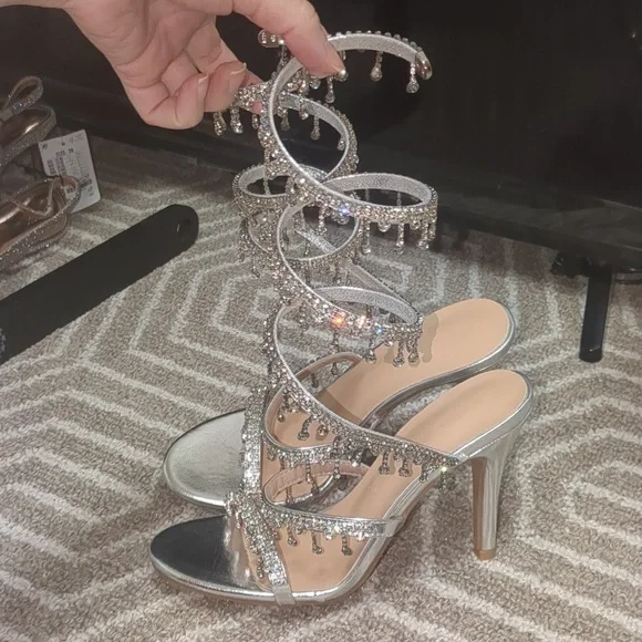 Silver Rhinestone Snake Wrap Peep Toe Stiletto Heels - Picture 7 of 9